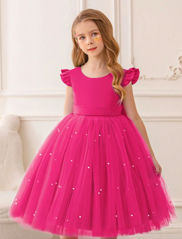 Ruffled Mesh Princess Dress With Lace Trim Hot Pink