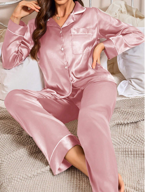 Bridesmaids Trim Satin Shirt And Pants Pajama Set Pink