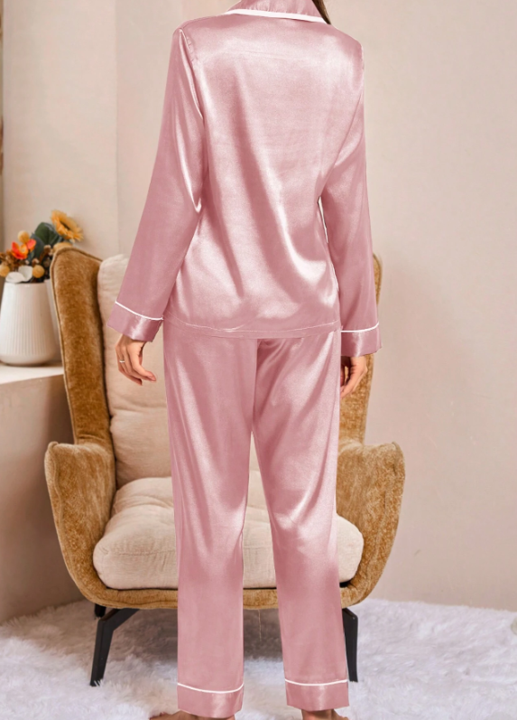 Bridesmaids Trim Satin Shirt And Pants Pajama Set Pink