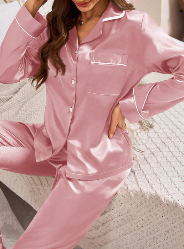 Bridesmaids Trim Satin Shirt And Pants Pajama Set Pink