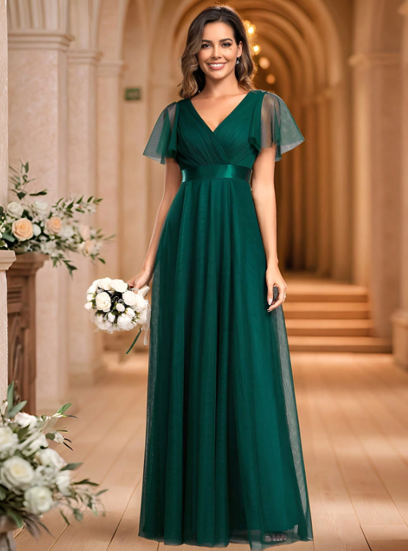 V-Neck A-Line Sheer Dark Green Bridesmaid Dress, Suitable For Wedding Guests