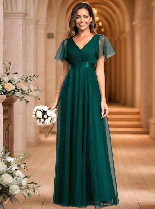 V-Neck A-Line Sheer Dark Green Bridesmaid Dress, Suitable For Wedding Guests