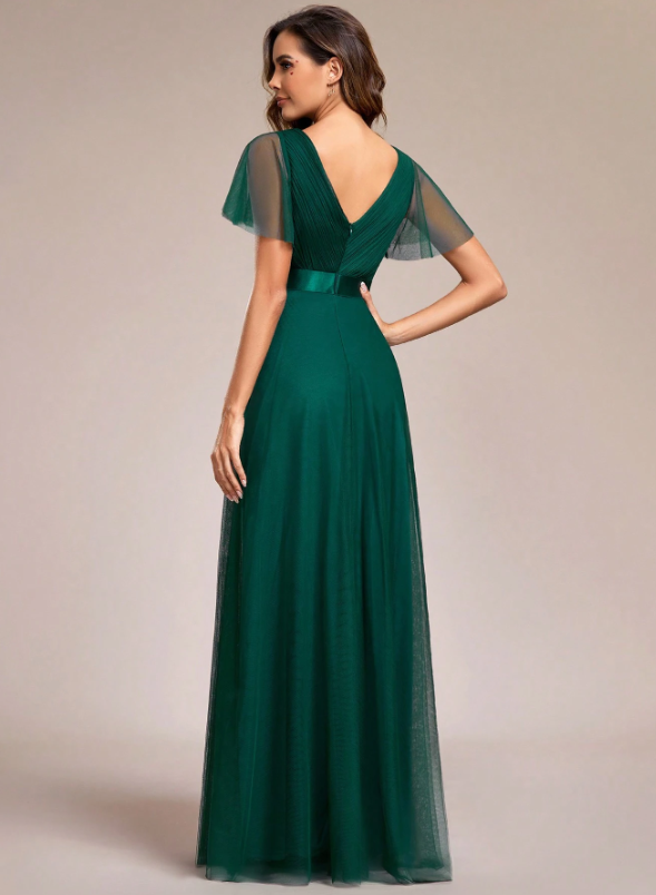 V-Neck A-Line Sheer Dark Green Bridesmaid Dress, Suitable For Wedding Guests