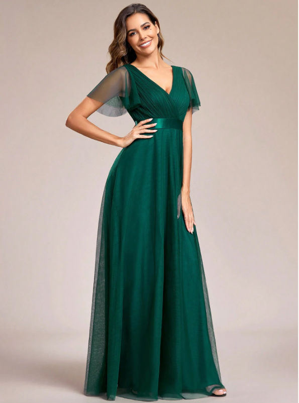 V-Neck A-Line Sheer Dark Green Bridesmaid Dress, Suitable For Wedding Guests