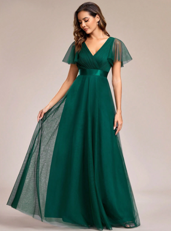 V-Neck A-Line Sheer Dark Green Bridesmaid Dress, Suitable For Wedding Guests