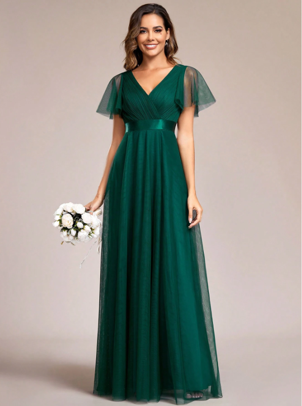 V-Neck A-Line Sheer Dark Green Bridesmaid Dress, Suitable For Wedding Guests
