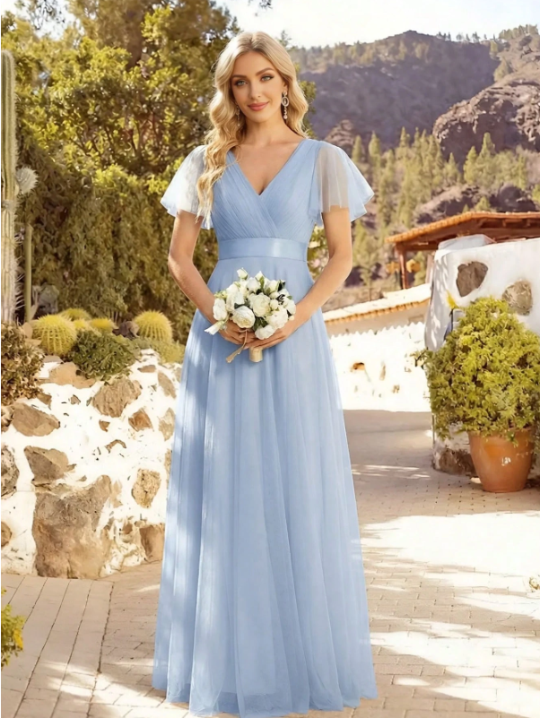 V-Neck A-Line Sheer Dark Green Bridesmaid Dress, Suitable For Wedding Guests