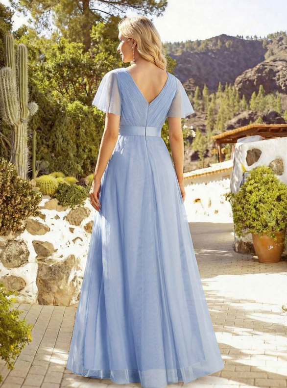 V-Neck A-Line Sheer Dark Green Bridesmaid Dress, Suitable For Wedding Guests