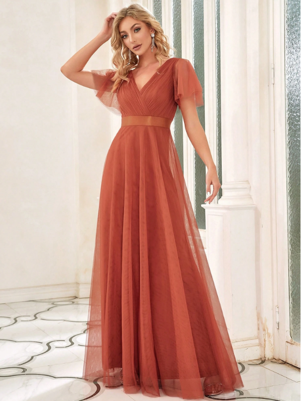 V-Neck A-Line Sheer Dark Green Bridesmaid Dress, Suitable For Wedding Guests