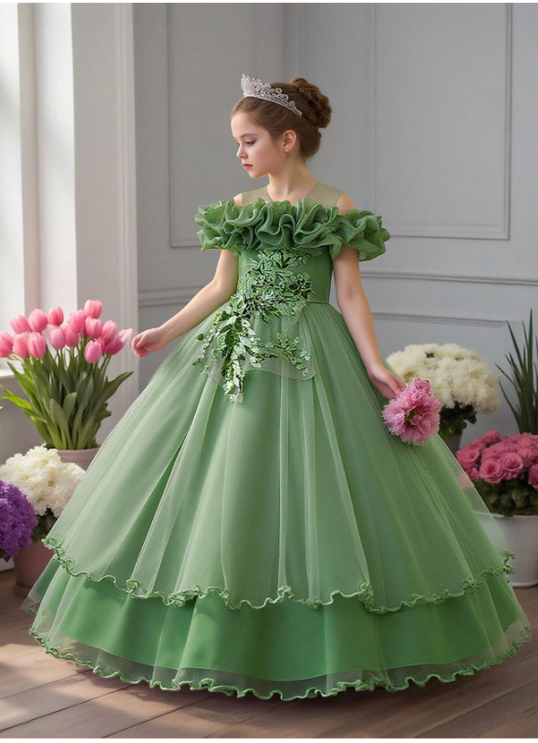 Tween Girls Sequin Tulle Puff Sleeve Princess Party Dress