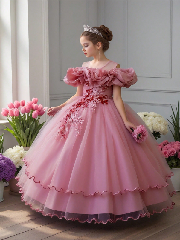 Tween Girls Sequin Tulle Puff Sleeve Princess Party Dress