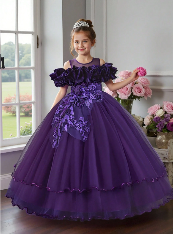 Tween Girls Sequin Tulle Puff Sleeve Princess Party Dress
