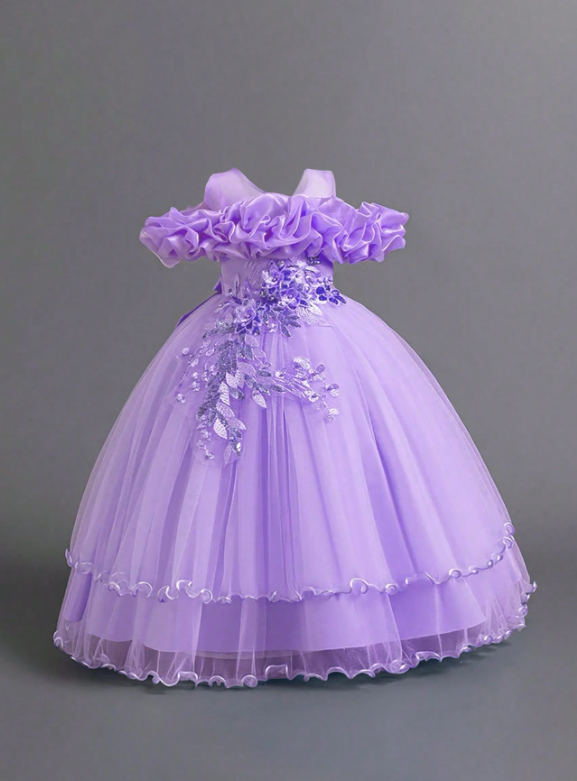 Tween Girls Sequin Tulle Puff Sleeve Princess Party Dress