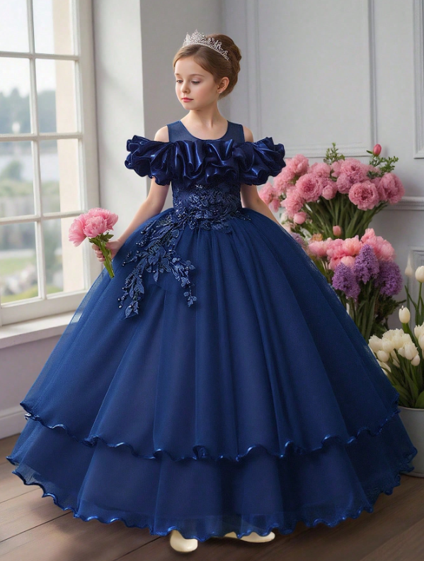 Tween Girls Sequin Tulle Puff Sleeve Princess Party Dress