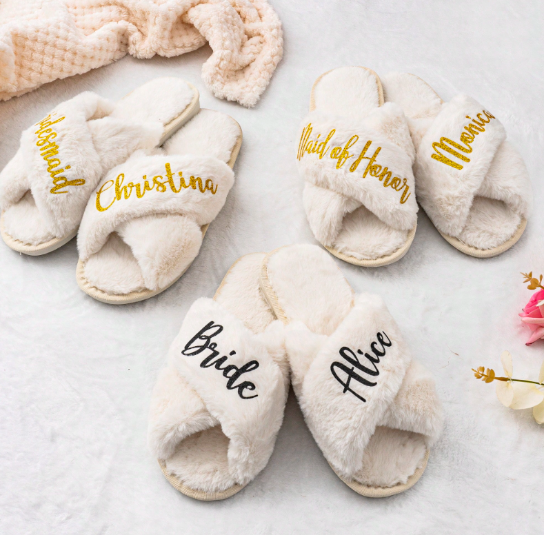 Personalized Fluffy Slippers, Bride Gifts