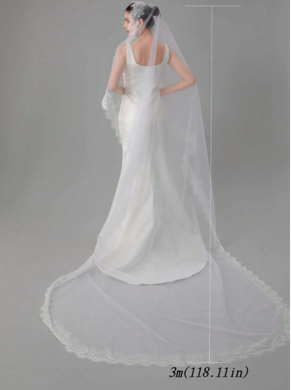Bridal Veil With Lace Embroidery And 3m Length