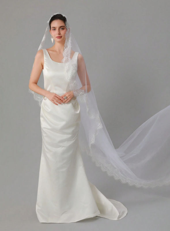 Bridal Veil With Lace Embroidery And 3m Length