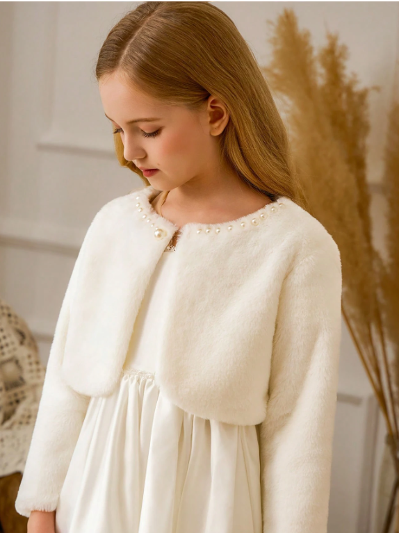 Girls White Beaded Shawl Cape