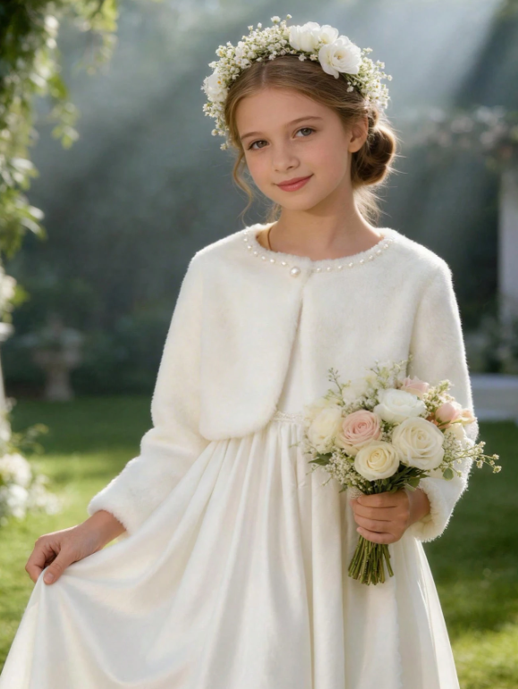 Girls White Beaded Shawl Cape