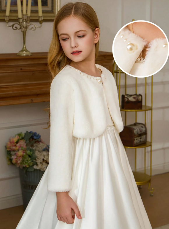 Girls White Beaded Shawl Cape