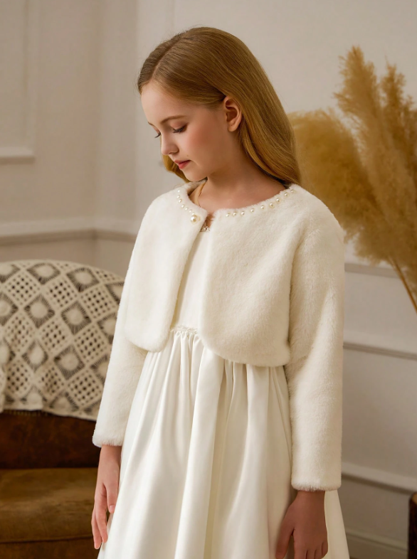 Girls White Beaded Shawl Cape