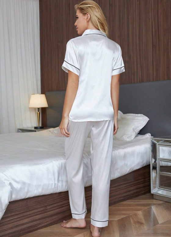 Bride Embroidered Short Sleeve Top & Pants Pajama Set White