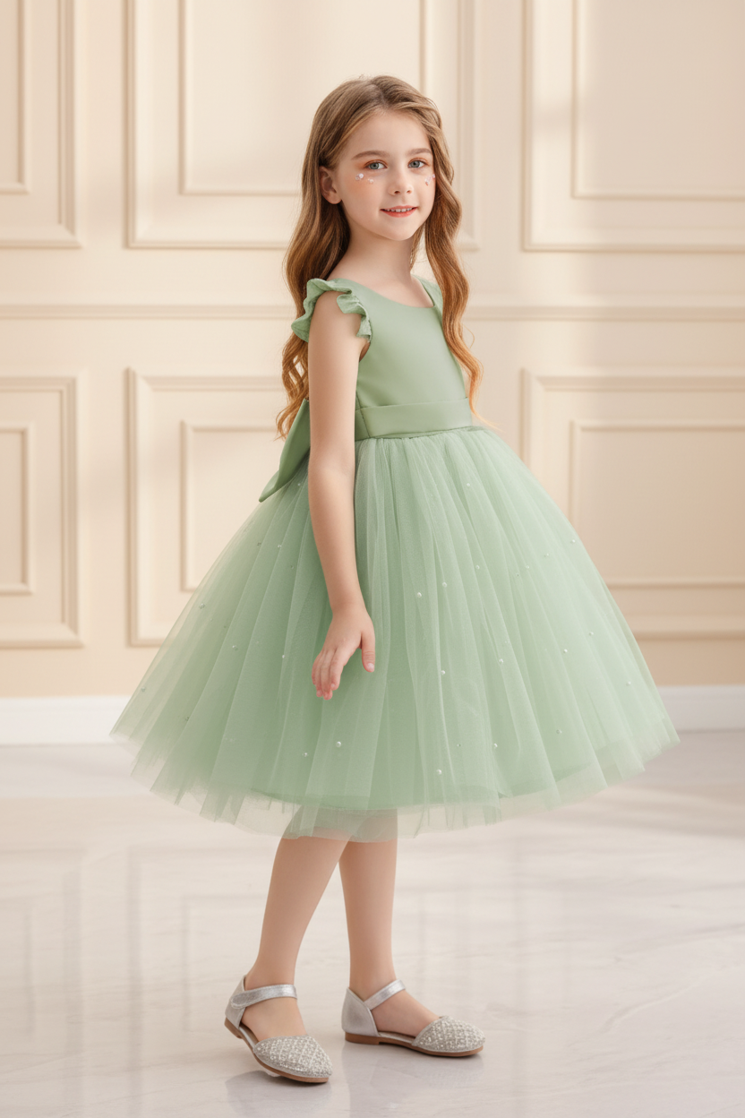 Young girl in a light green dress standing in a bright room with decorative elements.