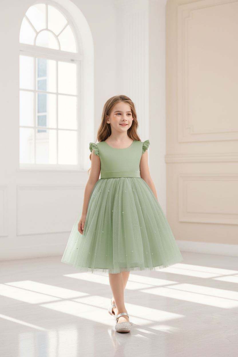 Young girl in a green dress standing in a decorated room with flowers and a mirror.