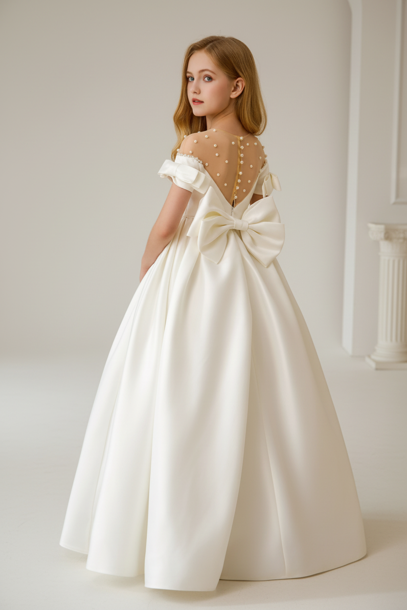 Young girl in a white formal dress with a large bow in a room with decorative elements.