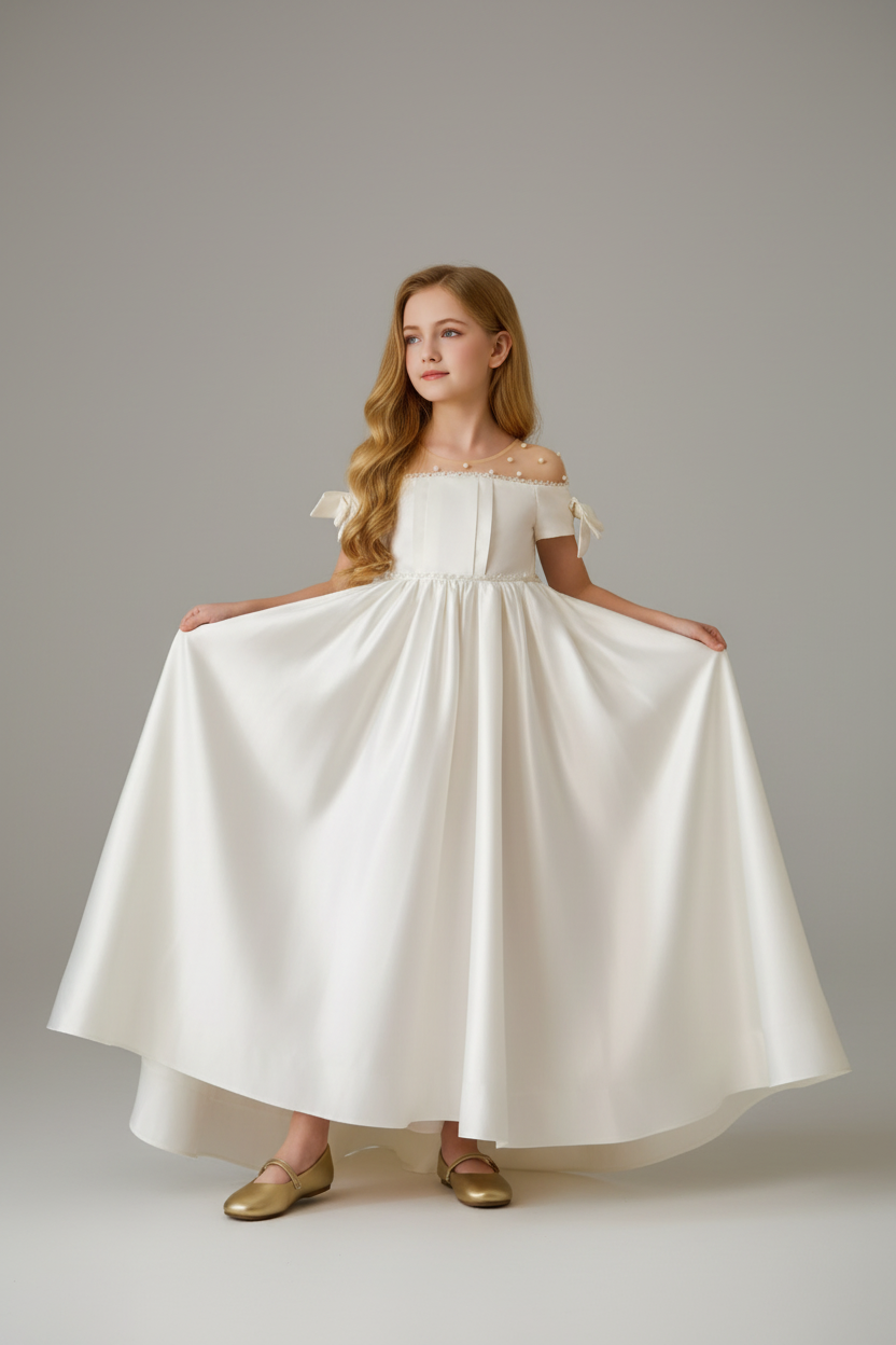Young girl in a white dress standing in a room with decorative elements.