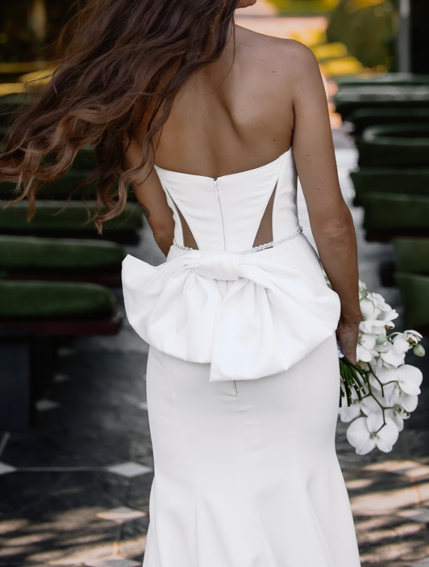 Tender Glow | Customised Pearl Beaded Pollardi Gown with Detachable Bow & Train