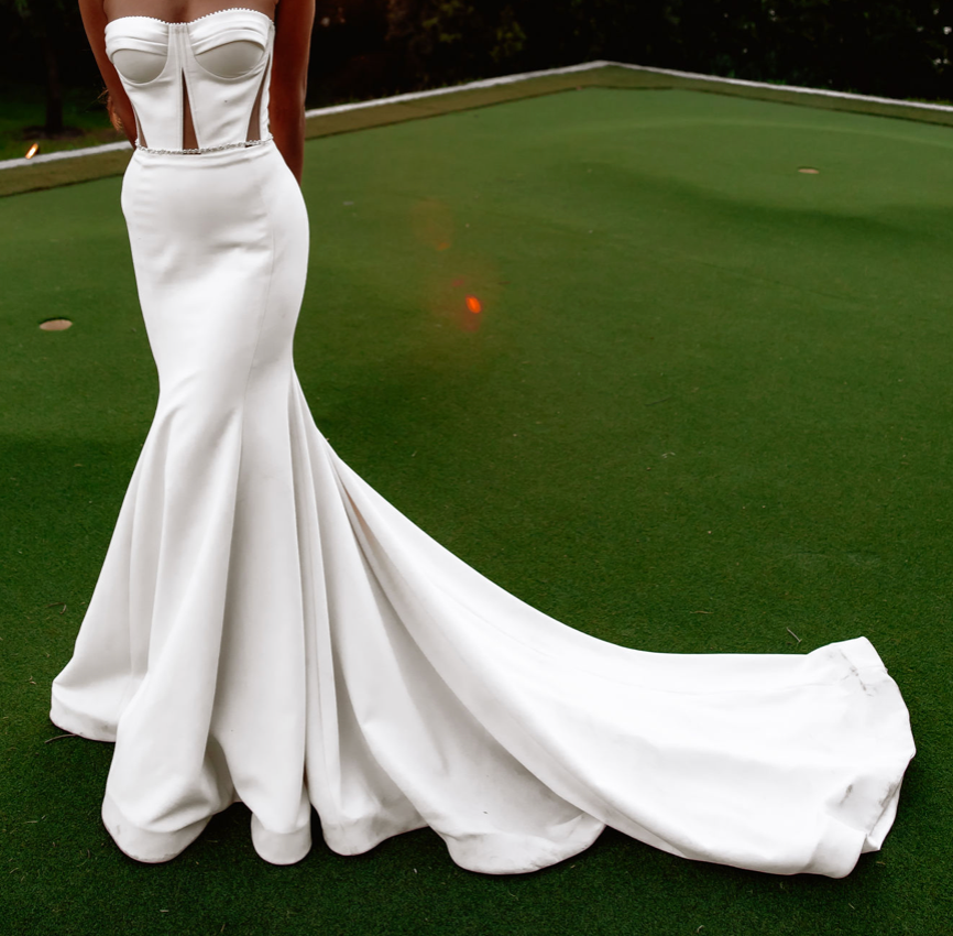 Tender Glow | Customised Pearl Beaded Pollardi Gown with Detachable Bow & Train