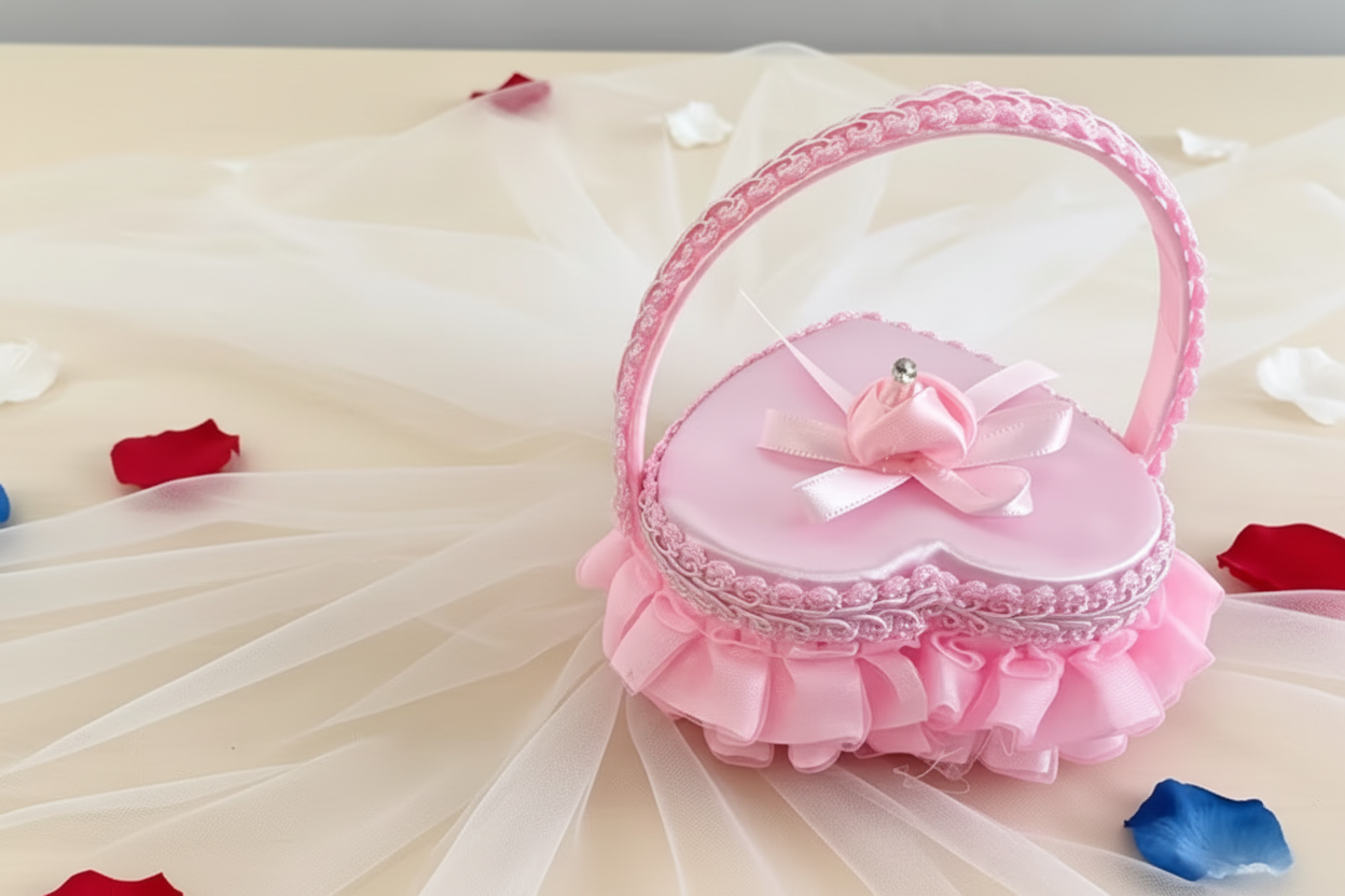 Romantic Heart Satin Ring Bearer Box with Lace Ruffle Bow Pink