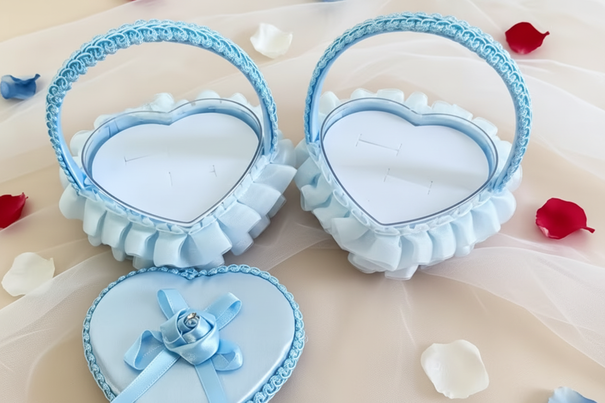 Romantic Heart Satin Ring Bearer Box with Lace Ruffle Bow Sky Blue
