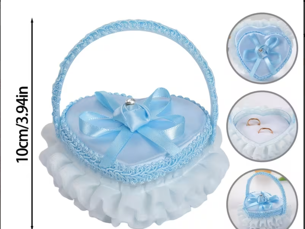 Romantic Heart Satin Ring Bearer Box with Lace Ruffle Bow Sky Blue