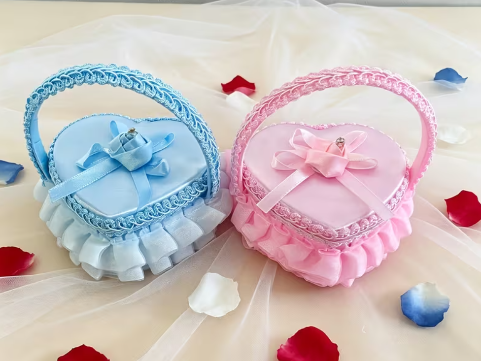 Romantic Heart Satin Ring Bearer Box with Lace Ruffle Bow Sky Blue
