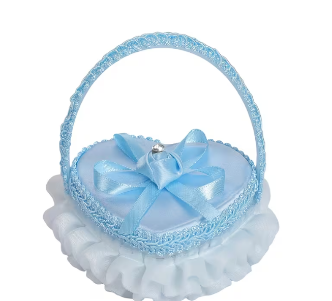 Romantic Heart Satin Ring Bearer Box with Lace Ruffle Bow Sky Blue