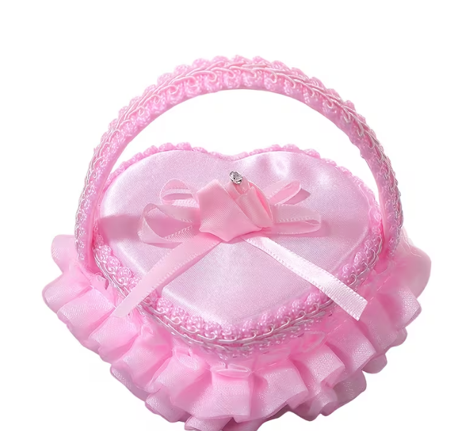 Romantic Heart Satin Ring Bearer Box with Lace Ruffle Bow Pink