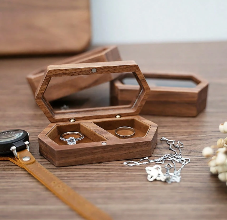 Walnut Wood 'we Do' Carved Double Ring Box
