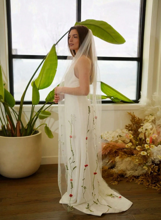 Embroidered Flower Leaf & Butterfly Long Bridal Veil