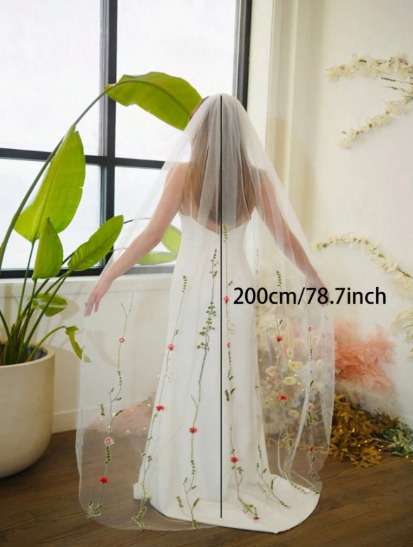 Embroidered Flower Leaf & Butterfly Long Bridal Veil