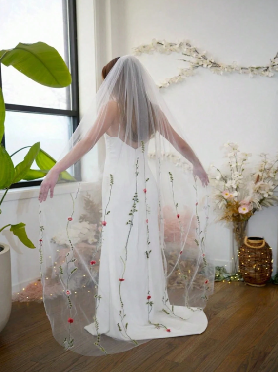 Embroidered Flower Leaf & Butterfly Long Bridal Veil