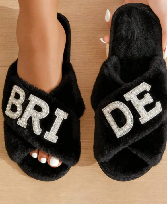Yellow Print Bride Embroidered Fuzzy Slippers
