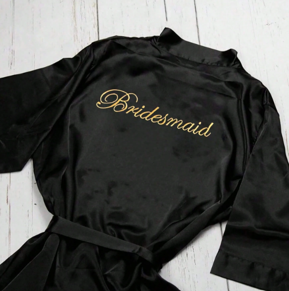Letter Embroidered Belted Satin Bridesmaid Robe Black