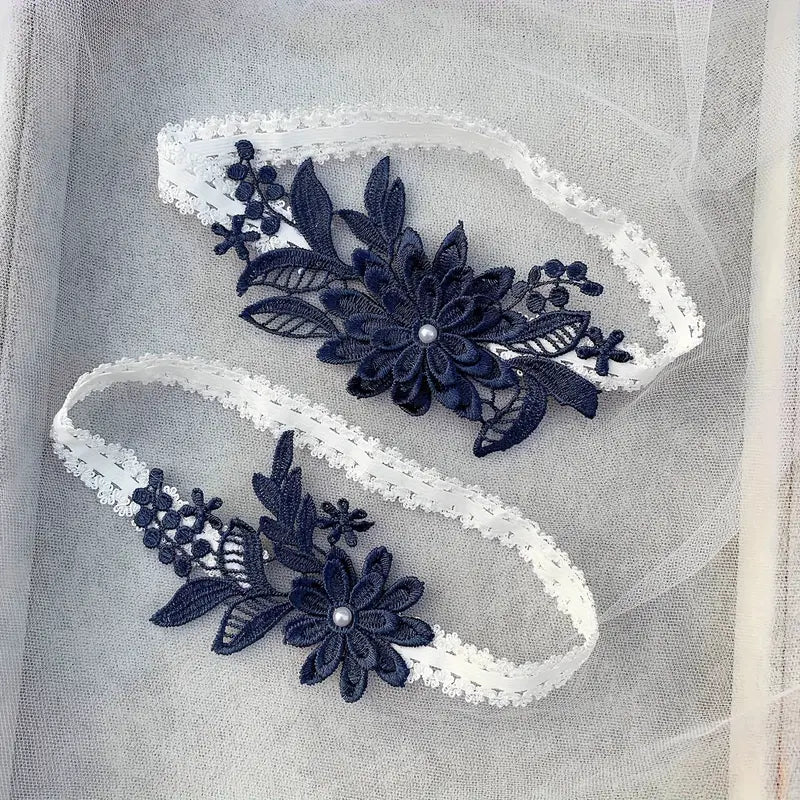2pcs Appliques Decor Bridal Garter Navy