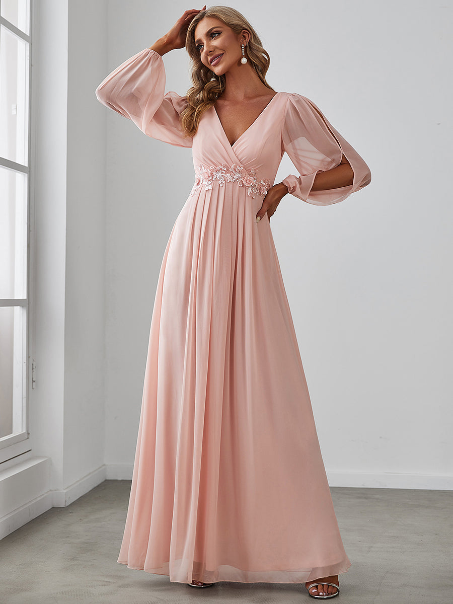 Long White Chiffon Formal Dress with Sleeves -PromGirl