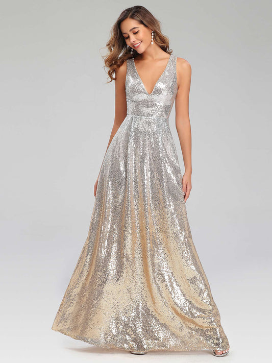 Elegant High-Waisted Evening Gown - Deep V-Neck & Sequin Design main image 0
