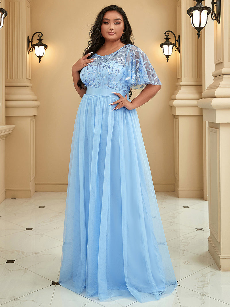 Sky Blue Sequin Print Floor-length Evening Dress with Cap Sleeve Pre