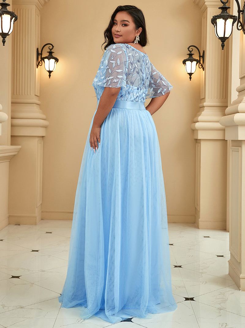 Sky Blue Sequin Print Floor-length Evening Dress with Cap Sleeve Pre