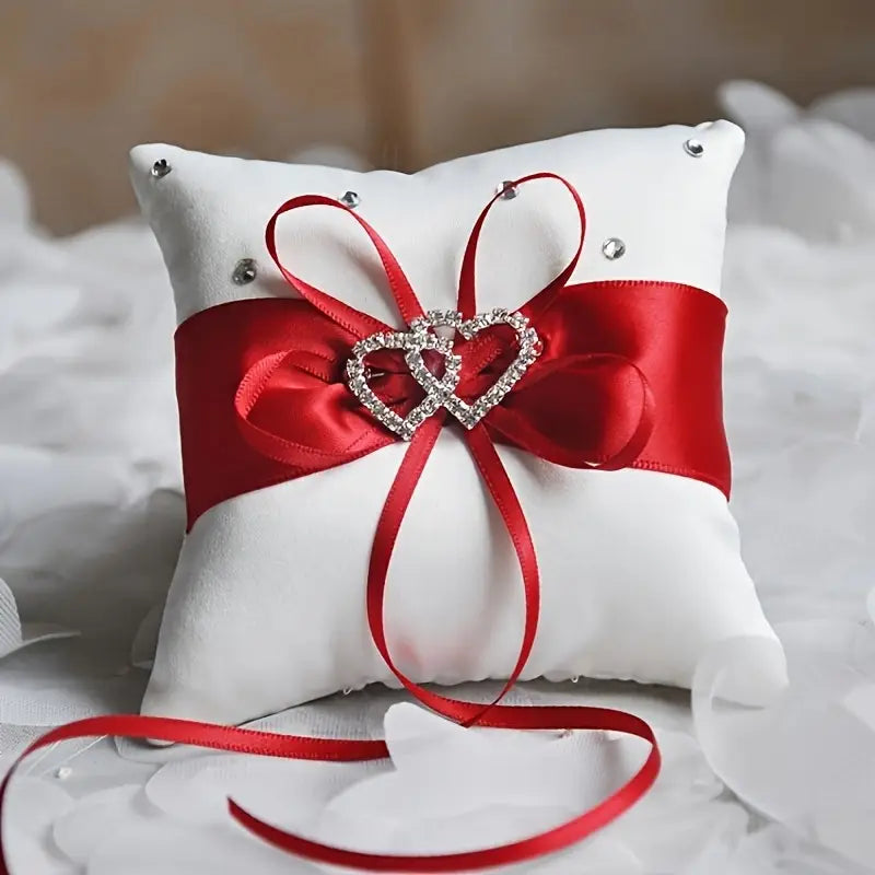 Tiny Heart-Shaped Crystal Center Wedding Ring Pillow